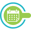 Kalender auf einem grünen Kreis umgeben von einem blauen Kreis