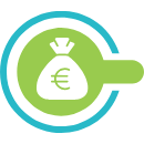 Geldsack auf einem grünen Kreis umgeben von einem blauen Kreis