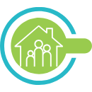 Silhouette eines Hauses mit einer Familie im Inneren auf einem grünen Kreis umgeben von einem blauen Kreis 